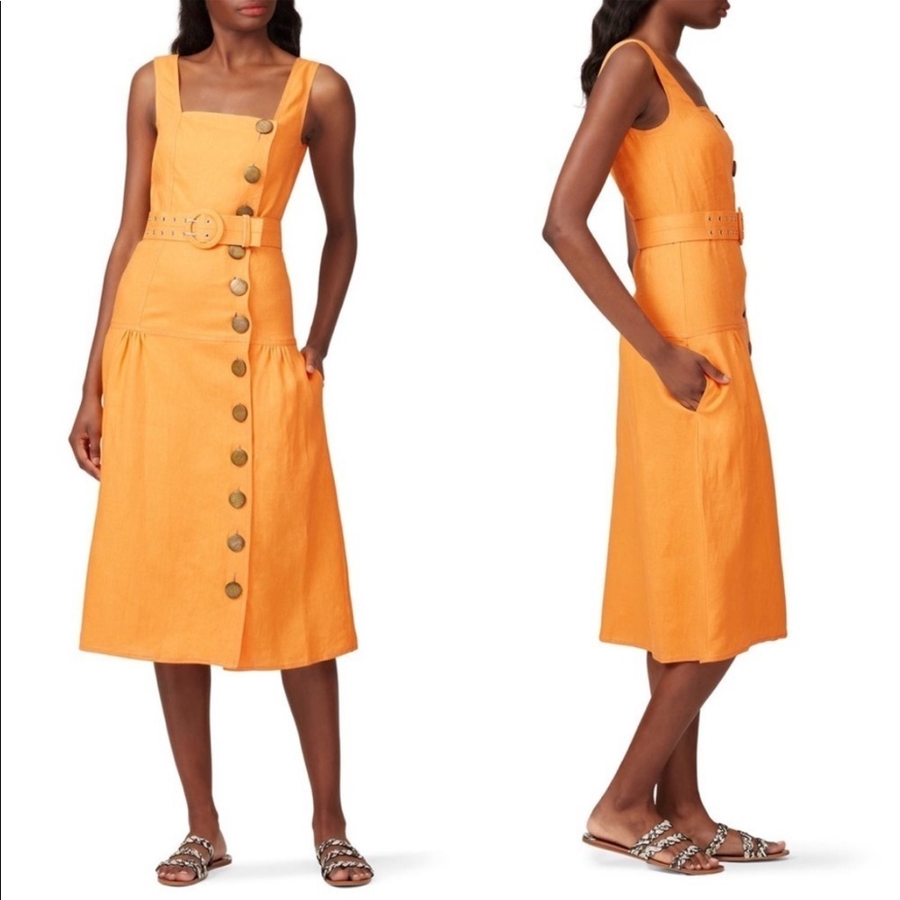 NICHOLAS Button Pinafore Orange Sleeveless Midi Linen Dress
